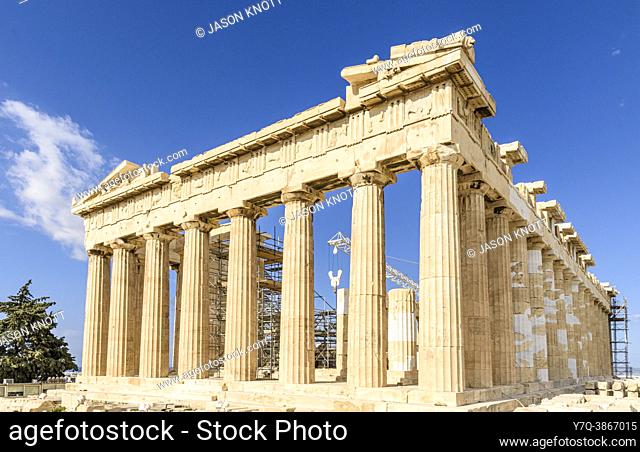 The eastern facade of the Parthenon at the Acropolis, Athens, Greece