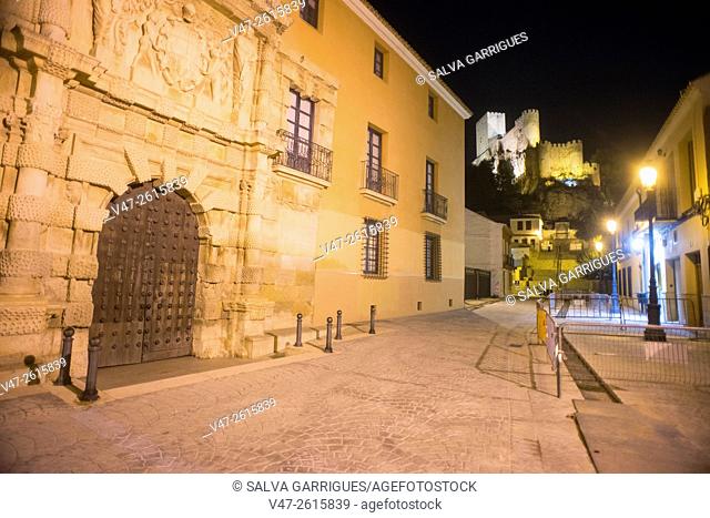 Night photography of the City of Almansa, Palace of the Counts of Cirat, Plaza de Santa Maria, Almansa, Albacete, Castilla La Mancha, Spain, Europe