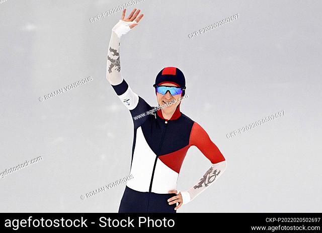 Martina Sablikova of the Czech Republic greets fans during the women's 3000m speed skating race during the Beijing 2022 Winter Olympic Games at the National...