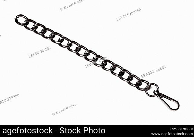 piece of black chain with carabiner isolated on white background