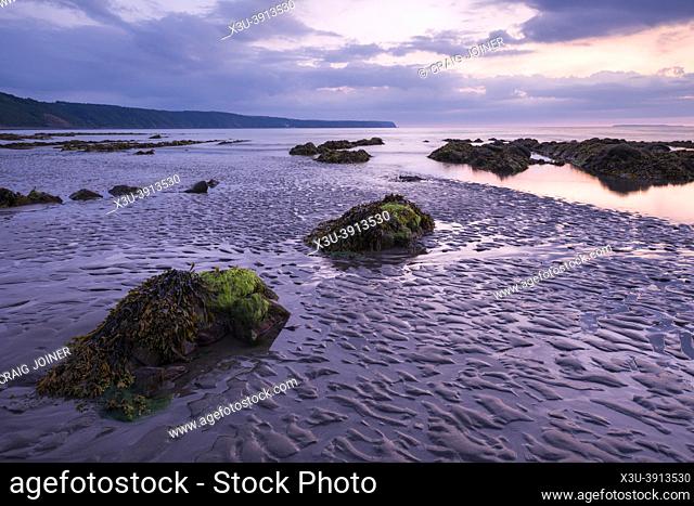 Peppercombe beach at dusk on the North Devon coast with Hartland point in the distance, England