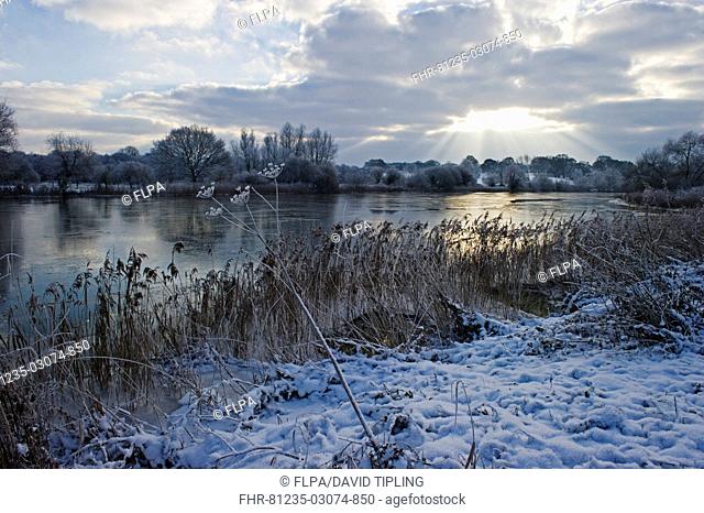 View of snow covered riverbank and frozen river, Ferry Lane Wood, River Yare, The Broads, near Postwick, Norfolk, England, december