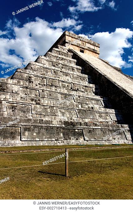 Wide-Angle view up the Mayan pyramid of Kukulkan at Chichen Itza, Yucatan, Mexico