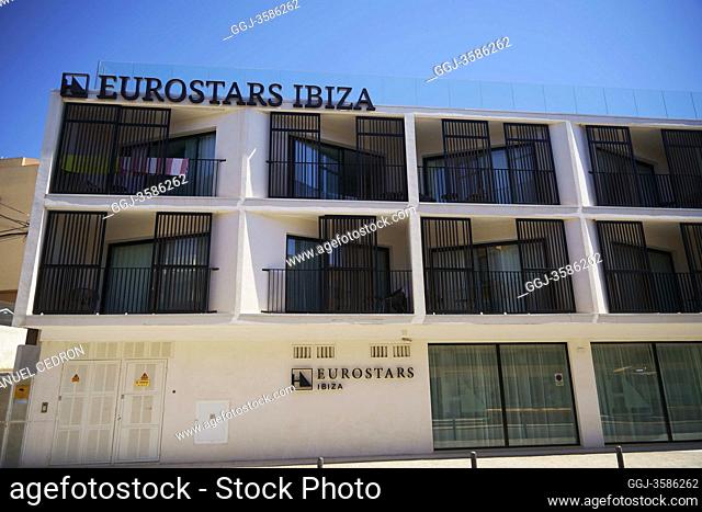 Detail view of Eurostar Ibiza Hotel at the Figueretes beach on August 21, 2020 in Ibiza, Spain. Almost all Schengen countries recommend not traveling to Spain...
