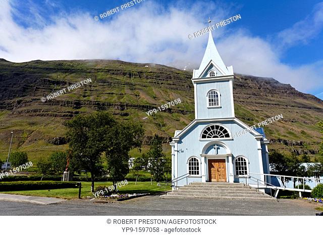 The wooden church in the village of Seydisfjordur, Eastfjords, Iceland
