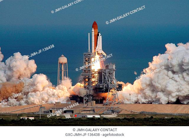 The Space Shuttle Atlantis and its seven-member STS-122 crew head toward Earth-orbit and a scheduled link-up with the International Space Station (ISS)