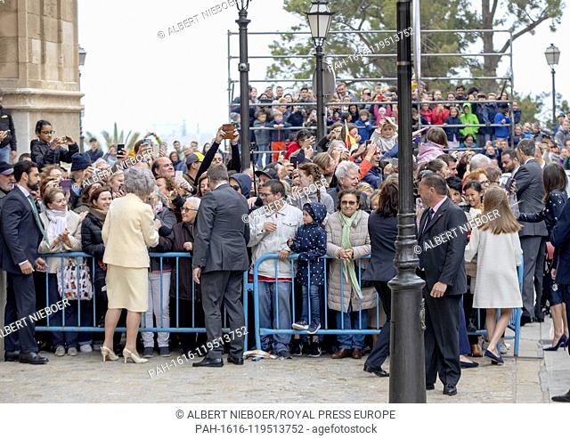 Queen Sofia and Princess Leonore of Spain leave at the La Seu Cathedral in Palma de Mallorca, on April 21, 2019, after attending the Eastern Mass