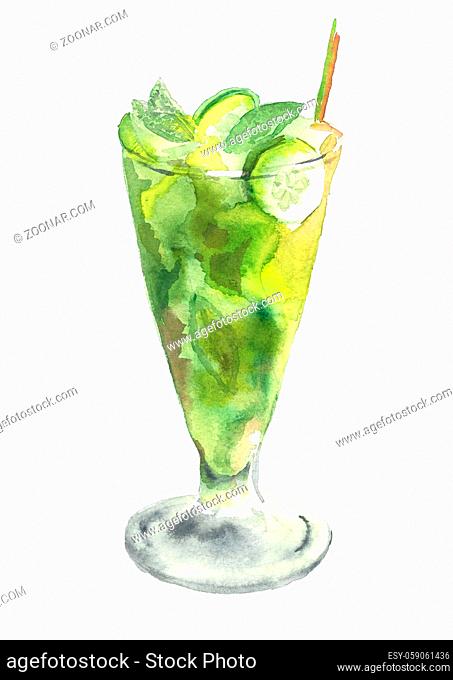 Glass of Mojito. Watercolor hand drawn illustration. Tropical green alcoholic cocktail witn rum, liquor, lemon fresh, isolated