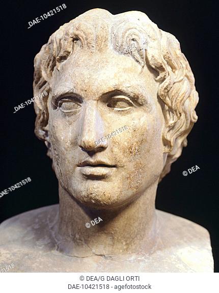 Head of Alexander the Great, marble sculpture, ancient replica from a portrait by Lysippus, Greece. Greek civilization.  Paris, Musée Du Louvre