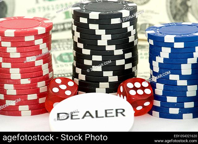 poker background with dollars, dices and chips