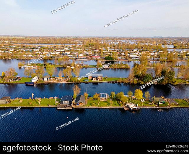 Aerial view of small islands in the Lake Vinkeveense Plassen, near Vinkeveen, Holland. It is a beautiful nature area for recreation in the Netherlands