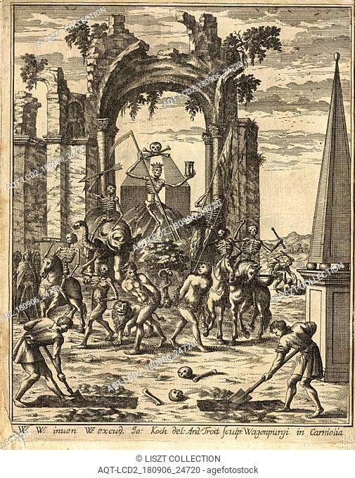 Frontispiece: march of the dead, Theatrum mortis humanae tripartitum, Trost, Andreas, German, d. 1708, Valvasor, Johann Weichard, Austrian, 1641-1693, Etching