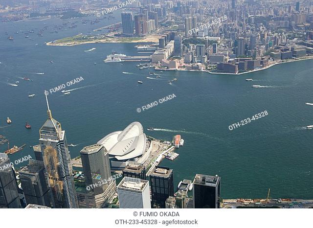 Aerial view over Wanchai & Victoria Harbour, Hong Kong