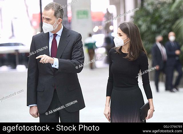 King Felipe VI of Spain, Queen Letizia of Spain attends Delivery of the 'APM Journalism Awards 2019 and 2020 at Cibeles Palace on February 9, 2021 in Madrid