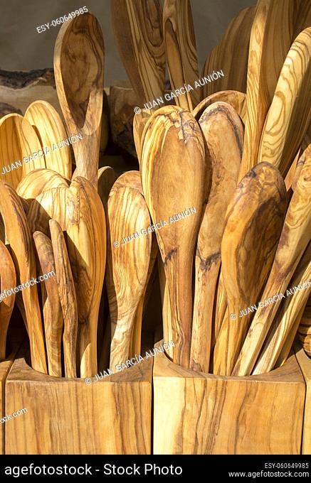Wooden handcrafted spoons. Closeup