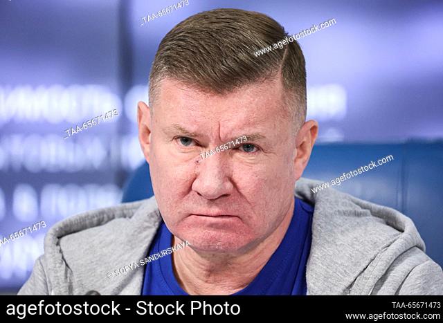 RUSSIA, MOSCOW - DECEMBER 12, 2023: The head of the expedition, Clean Arctic Project leader Andrei Nagibin is seen during a press conference to discuss the...