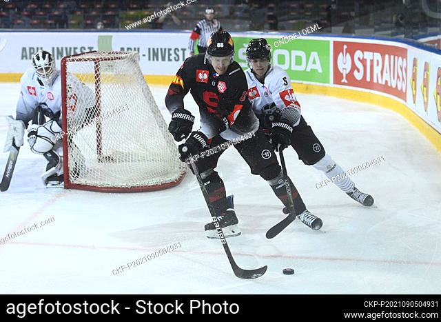 Miroslav Forman of Sparta (centre), Eemil Viro of Turku (right) in action during the Czech team Sparta Prague vs. Sweden's Vaxjo Lakers ice hockey Champions...