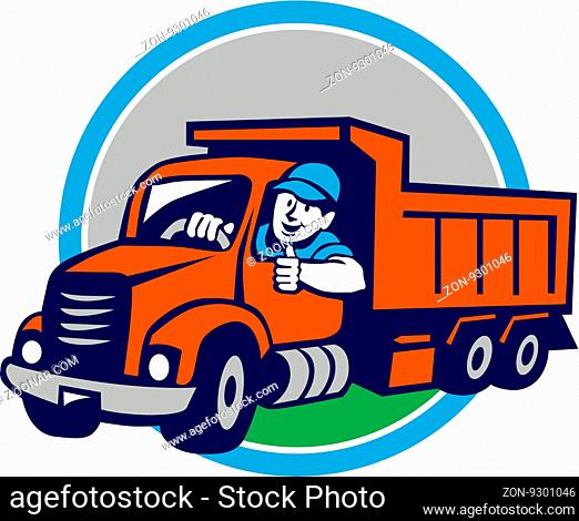 Illustration of a dump truck driver smiling and driving with thumbs up set inside circle on isolated background done in cartoon style