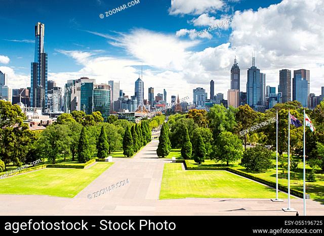 Melbourne, Australia - January 30 - The view from the Shrine of Remembrance towards Melbourne CBD on a hot summer's day on January 30th 2015