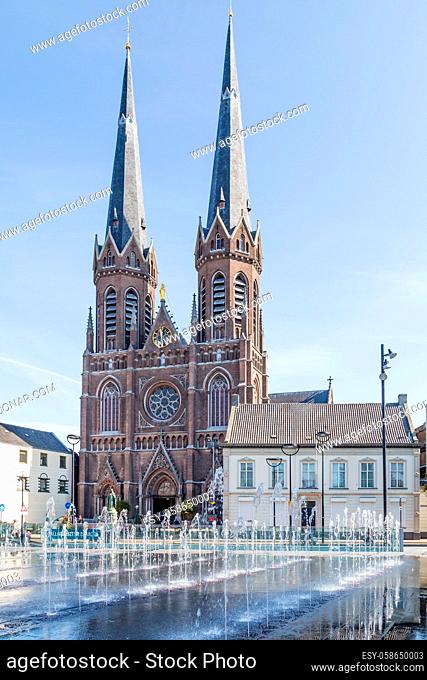 Tilburg Netherlands - September 10, 2019: Saint Joseph Church with water fountains in front in the historic centre of Tilburg in Brabant Netherlands
