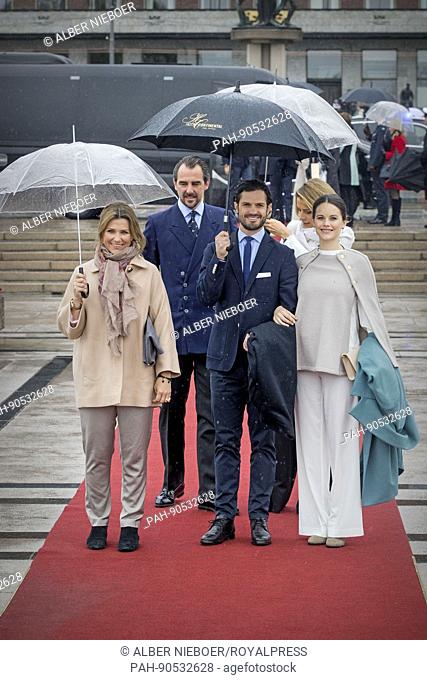 Prince Carl Philip and Princess Sofia of Sweden and Princess Martha Louise of Norway attend the 80th birthday lunch of King Harald and Queen Sonja of Norway at...