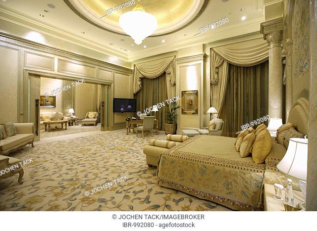 Bedroom in one of the 7 ruler suites, Emirates Palace Hotel, Kempinski Group, Abu Dhabi, United Arab Emirates, Middle East