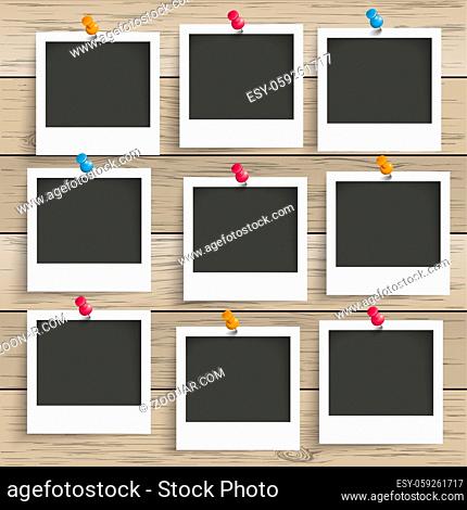 9 photo frames on the wooden background. Eps 10 vector file