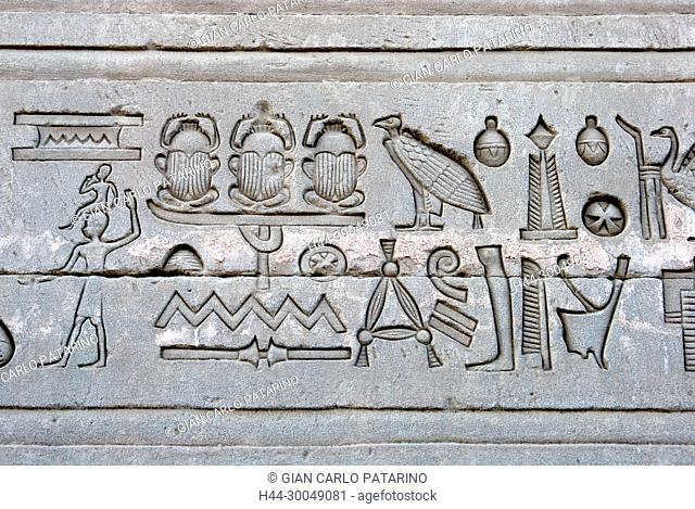 Egypt, Dendera, Ptolemaic temple of the goddess Hathor.Carvings on external wall