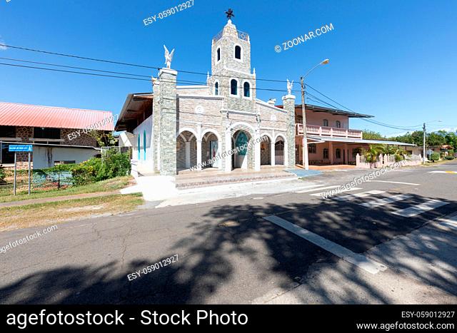 Panama, Gualaca town February 2, Our Lady of Los Angeles church located in front of the Ortega municipal park in the center of the town