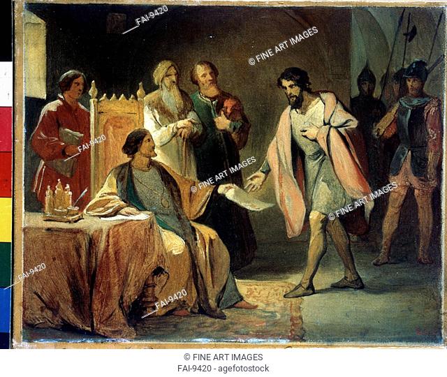 Tsar Ivan III charges to Aristotele Fioravanti with an coinage order in 1479. Basin, Pyotr Vasilyevich (1793-1877). Oil on canvas