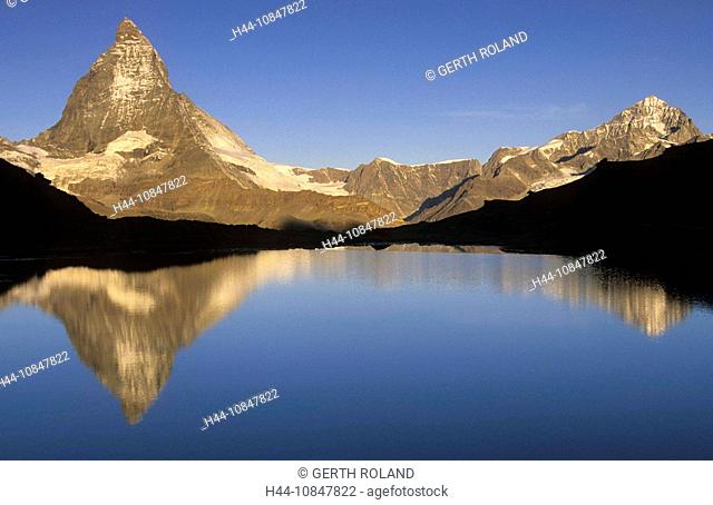 Switzerland, Europe, Canton Valais, Matter valley, Matterhorn, Lake Riffel, mountain lake, water, reflections, mountai