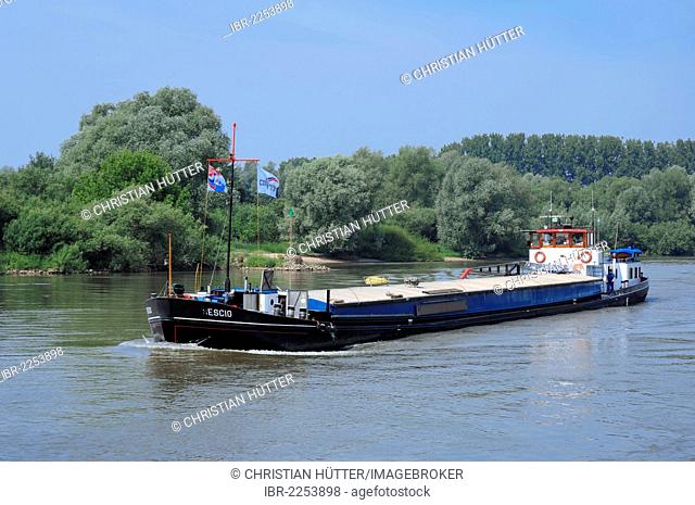 Ship on the Rhine river near Arnheim also known as Arnhem, Gelderland province, Netherlands, Europe
