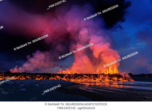 Glowing lava from the eruption at the Holuhraun Fissure, near the Bardarbunga Volcano, Iceland