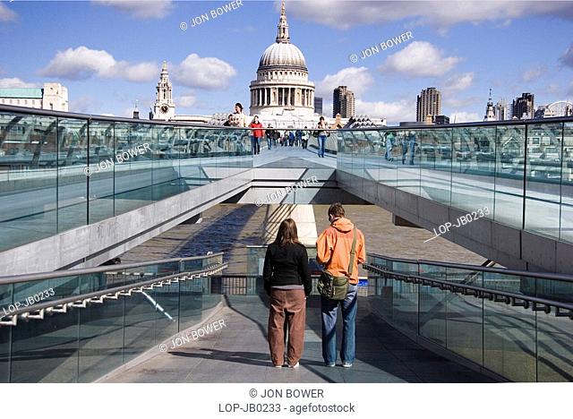 England, London, South Bank, St Paul's Cathedral and the Millennium Bridge