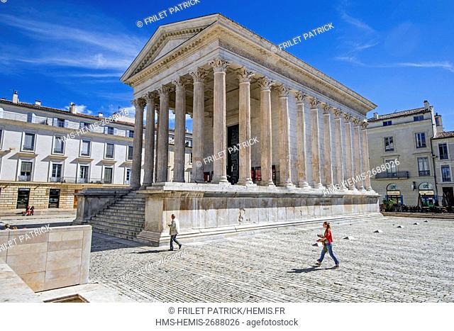 France, Gard, Nimes, the ancient roman temple La Maison Carrée is a contemporary art museum
