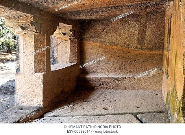 Inside view of veranda cave number twelve in Panhale Kazi caves ; Konkan ; Maharashtra ; India