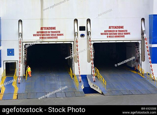Italy, Italia, port in Genoa, Tirrenia ferry, entrance for trucks, buses, cars on ferry, Europe