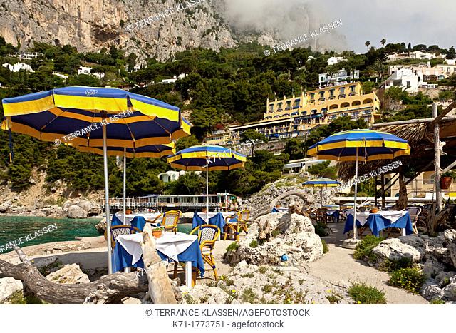 An outdoor restaraunt at the Marina Piccola on the Island of Capri, Campania, Italy