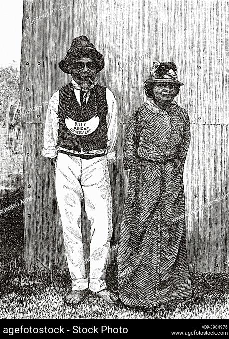 King Billy of Gracemere and his wife. Queensland, Australia. Old 19th century engraved illustration, Journey to Northeast Australia by Carl Lumholtz 1880-1884...