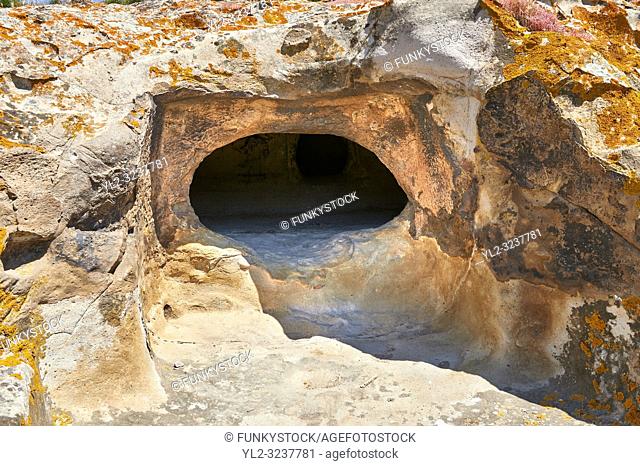 Pictures of Copper age Domus de Janas Sas Concas prhistoric chambered rock burial chambers cared into trachyte , Abealzu-Filigosa culture 3000 BC, Oniferi