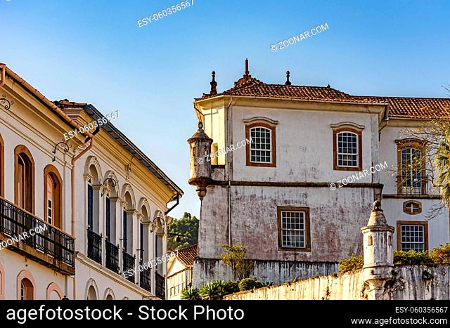 Typical colonial architecture from the time of the empire in the city of Ouro Preto in Minas Gerais with beautiful blue sky in background