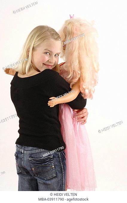 girl, blond, Barbie, embraces, cheerfully, detail, series, people, child, toy, doll, Barbie-doll, giant-Barbie, carry, holding, activity, happily, contentment