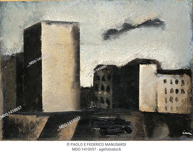 Small urban landscape (Paesaggio urbano piccolo), by Mario Sironi, 20th Century. Italy, Lombardy, Milan, Private Collection. Whole artwork view