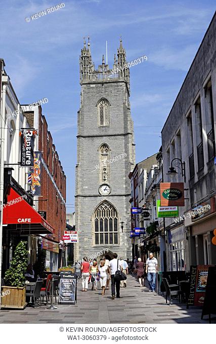 Church Street, and the Parish Church in the centre of Cardiff, Wales UK