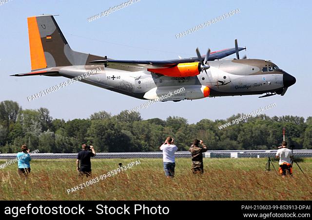 03 June 2021, Mecklenburg-Western Pomerania, Barth: A Bundeswehr Transall aircraft specially painted for the farewell flight takes off for the last time from...