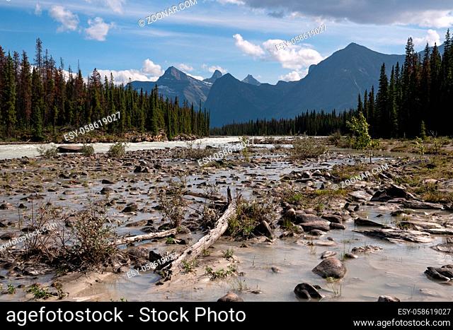 Panoramic image of the Athabasca River, Jasper National Park, Rocky Mountains, Alberta, Canada