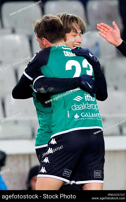Cercle's Ayase Ueda celebrates after scoring during a soccer match between Cercle Brugge and KRC Genk, Friday 17 March 2023 in Brugge