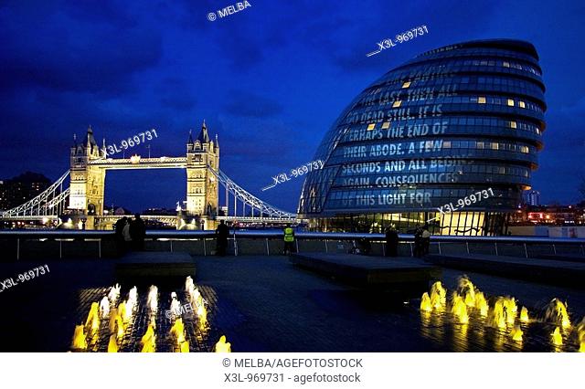 Tower Bridge and City Hall over the Thames River at Night, London  United Kingdom