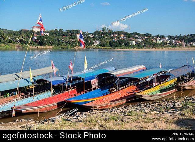 the Boat port at the Mekong River in the Town of Chiang Khong in the province of Chiang Raii in Thailand.  Thailand, Chiang Khong, November, 2019
