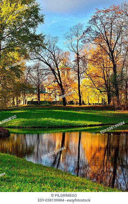 Autumn Landscape in Catherine park, Pushkin, Russia. View to the Chinese pavilion